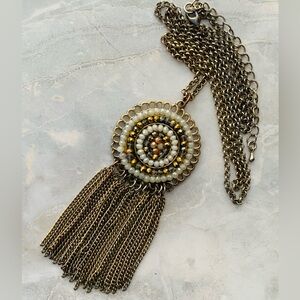 Vintage Gold and Milk Crystal Tassel Medallion Necklace